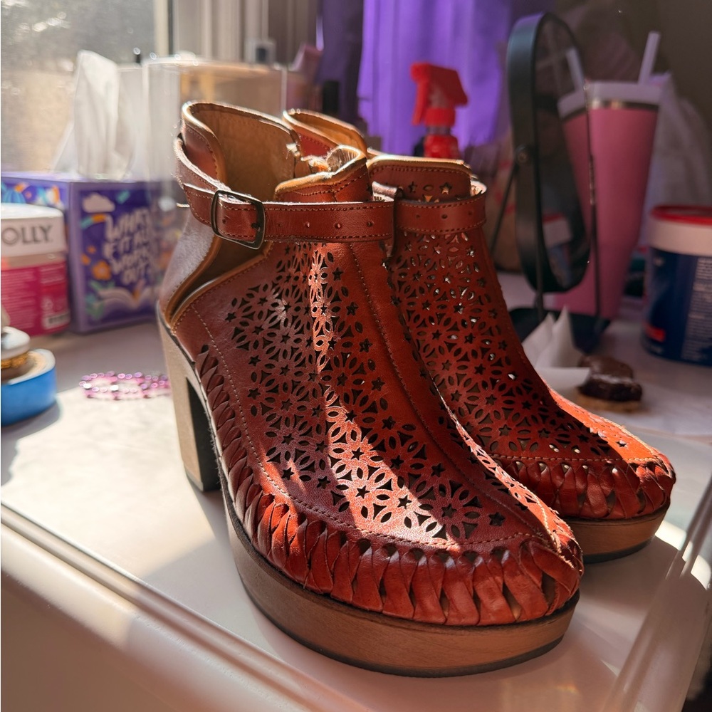 Women's Brown Laser-Cut Leather Heeled Clogs